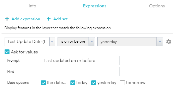 Expression with Ask for values enabled and Date options modified Expression with Ask for values enabled and Date options modified